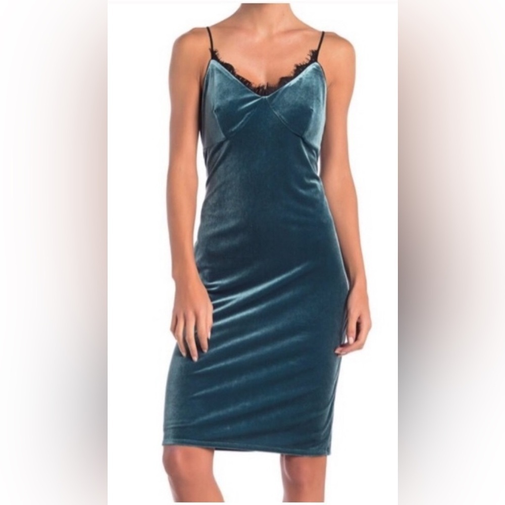 Cynthia Steffe Arianna Teal Velour Black Lace Trim
Slip Dress Lined Back Slit 10